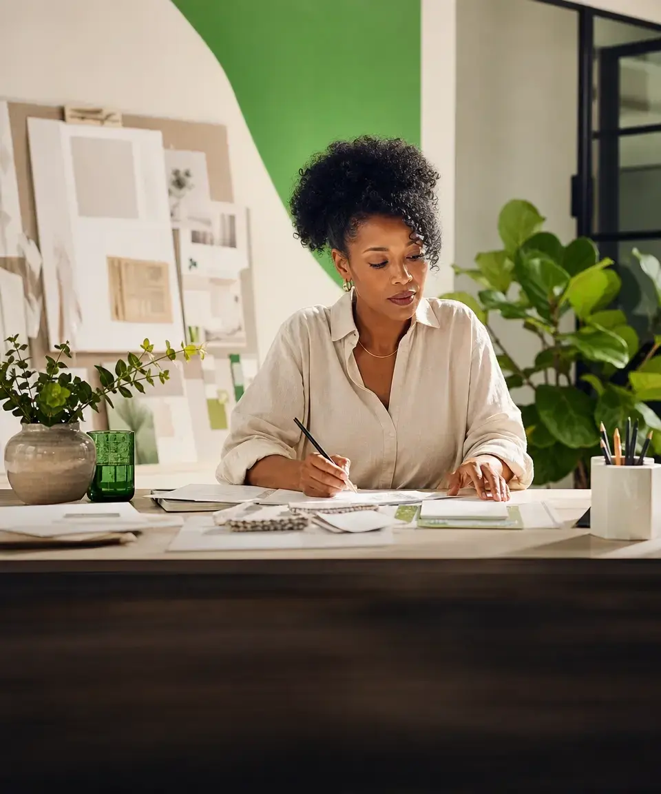 Black entrepreneur working through plans at their studio desk